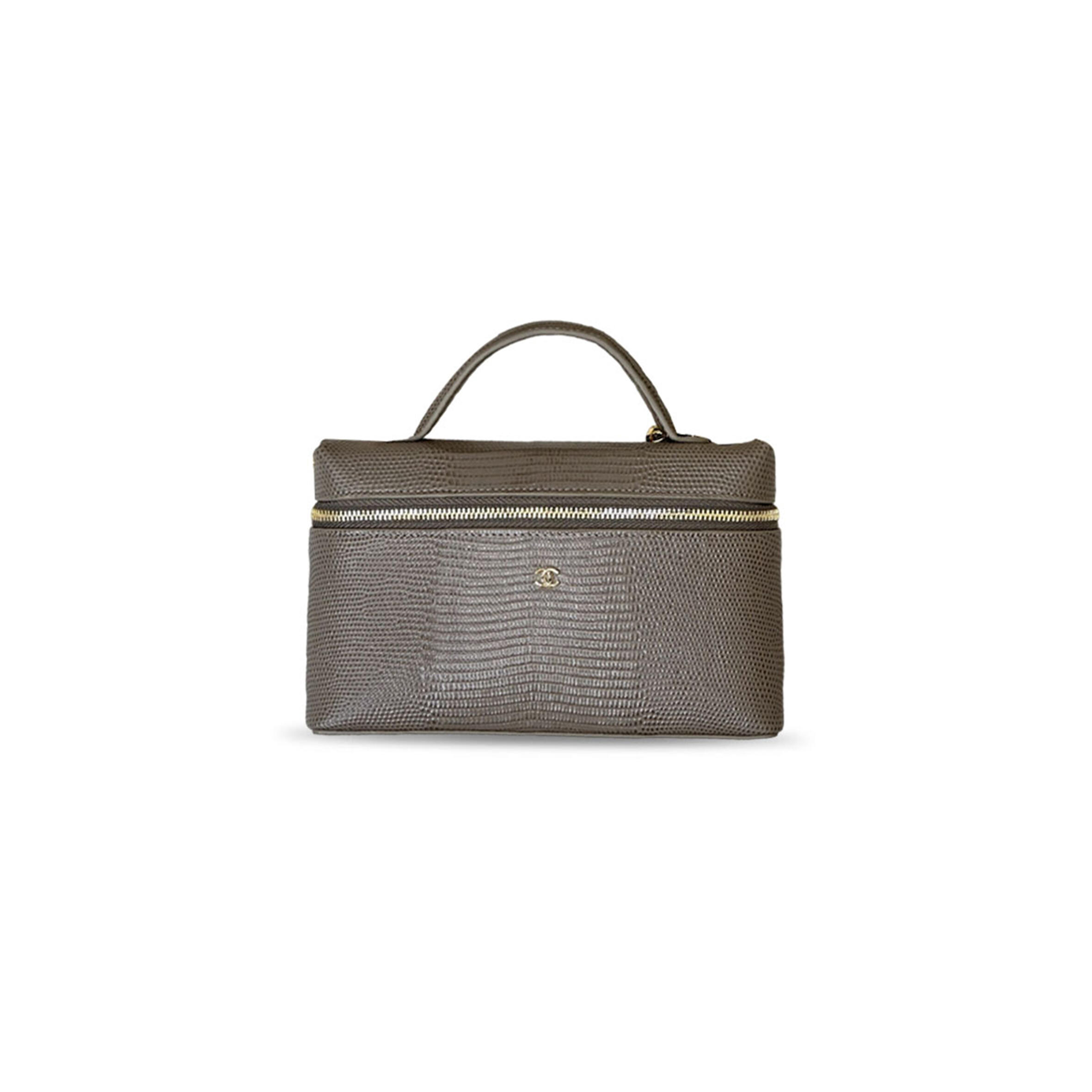 CHANEL MASTER TOP HANDLE LONG VANITY CASE WITH CHAIN DARK KHAKI LIZARD EMBOSSED CALFSKIN GOLD HARDWARE (19*12*5cm)